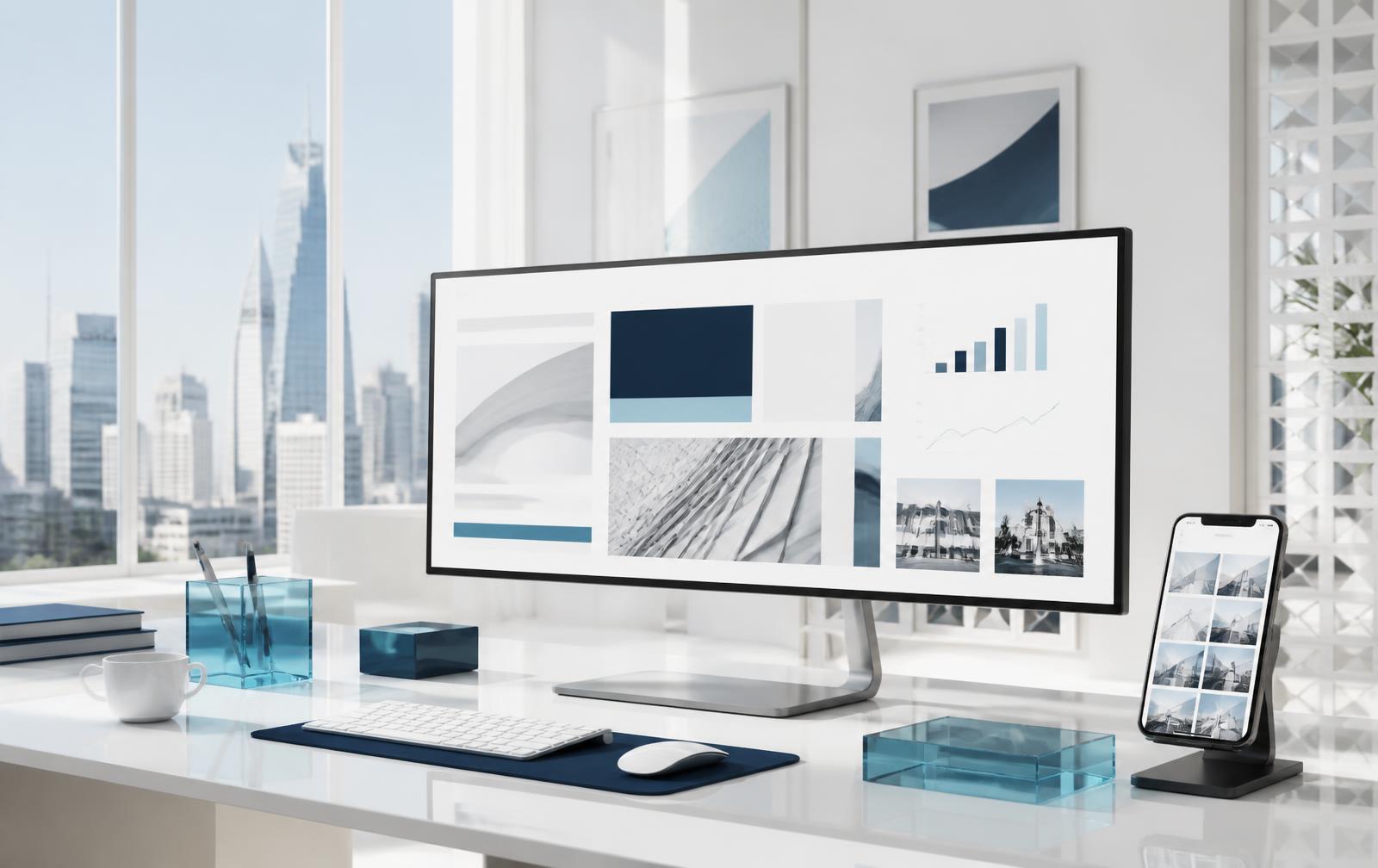 مساحة عمل رقمية احترافية تعرض تصميم موقع وتحليلات النمو